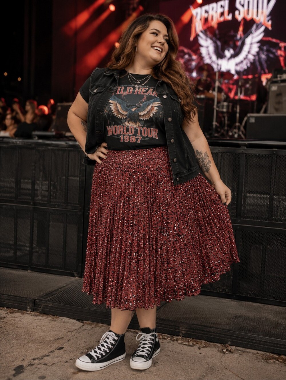 EVRI Plus Size 24: Pleated Animal Print Midi Skirt in Burgundy & Black